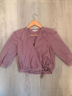 Madewell Burgundy Gingham Wrap-Style Blouse XS EUC